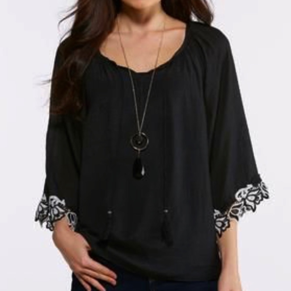 Cato Black Floral Lace Trim Top NWT